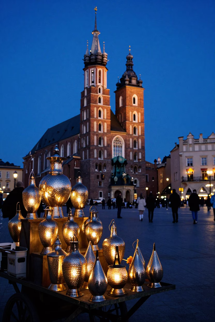 Krakow Poland Indigo Twilight Street Scene with Hammered Metal Lantern and Cobblestone Square in in Krakow, Poland