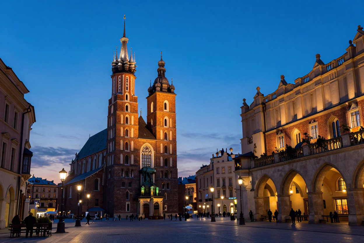 Krakow Poland indigo twilight street scene with historic architecture and urban life in in Krakow, Poland