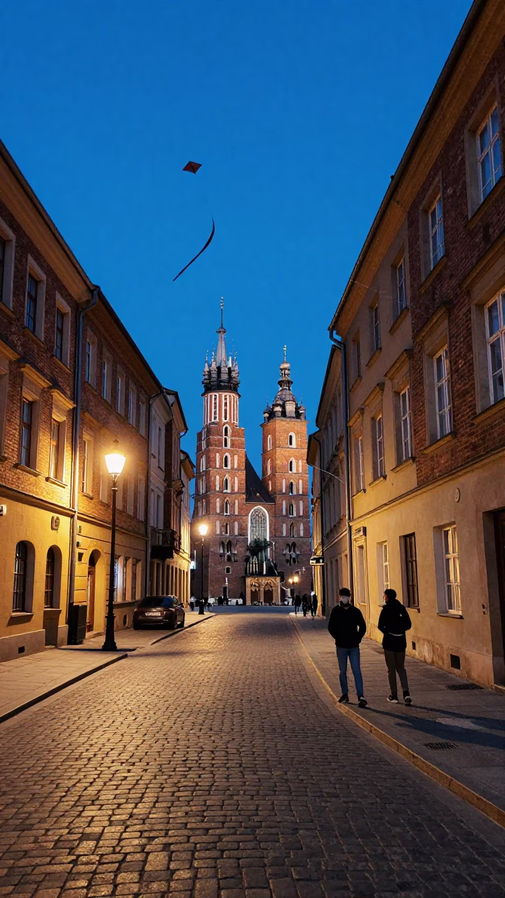 Krakow Poland Indigo Twilight Street Scene with Kites Flying Over Historic Architecture in in Krakow, Poland