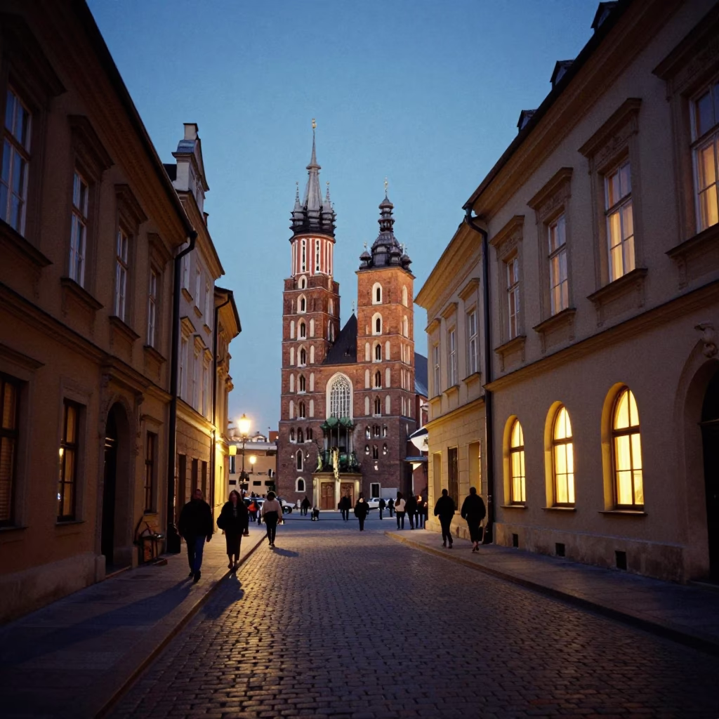 Krakow Poland indigo twilight street scene with locals and traditional architecture in in Krakow, Poland
