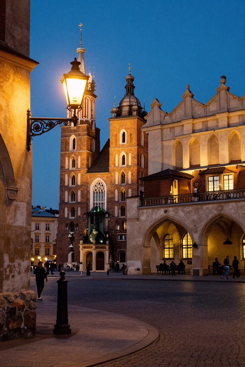 Krakow Poland Indigo Twilight Street Scene with Oil Lamp and Cup in in Krakow, Poland