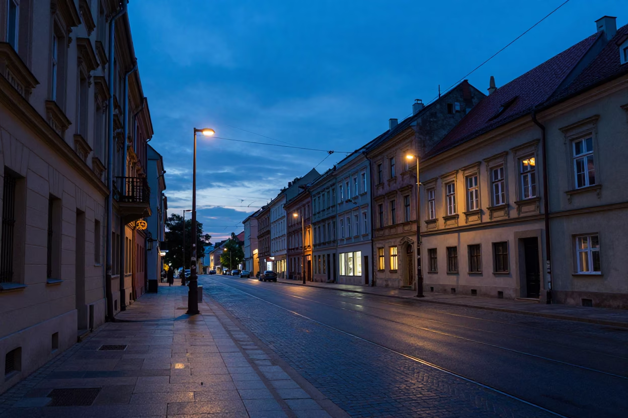 Krakow Poland indigo twilight street scene with rail catenary and wet asphalt in in Krakow, Poland