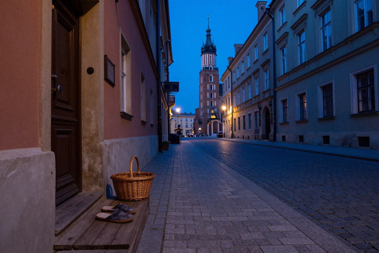 Krakow Poland indigo twilight street scene with slippers and wicker shadow in in Krakow, Poland