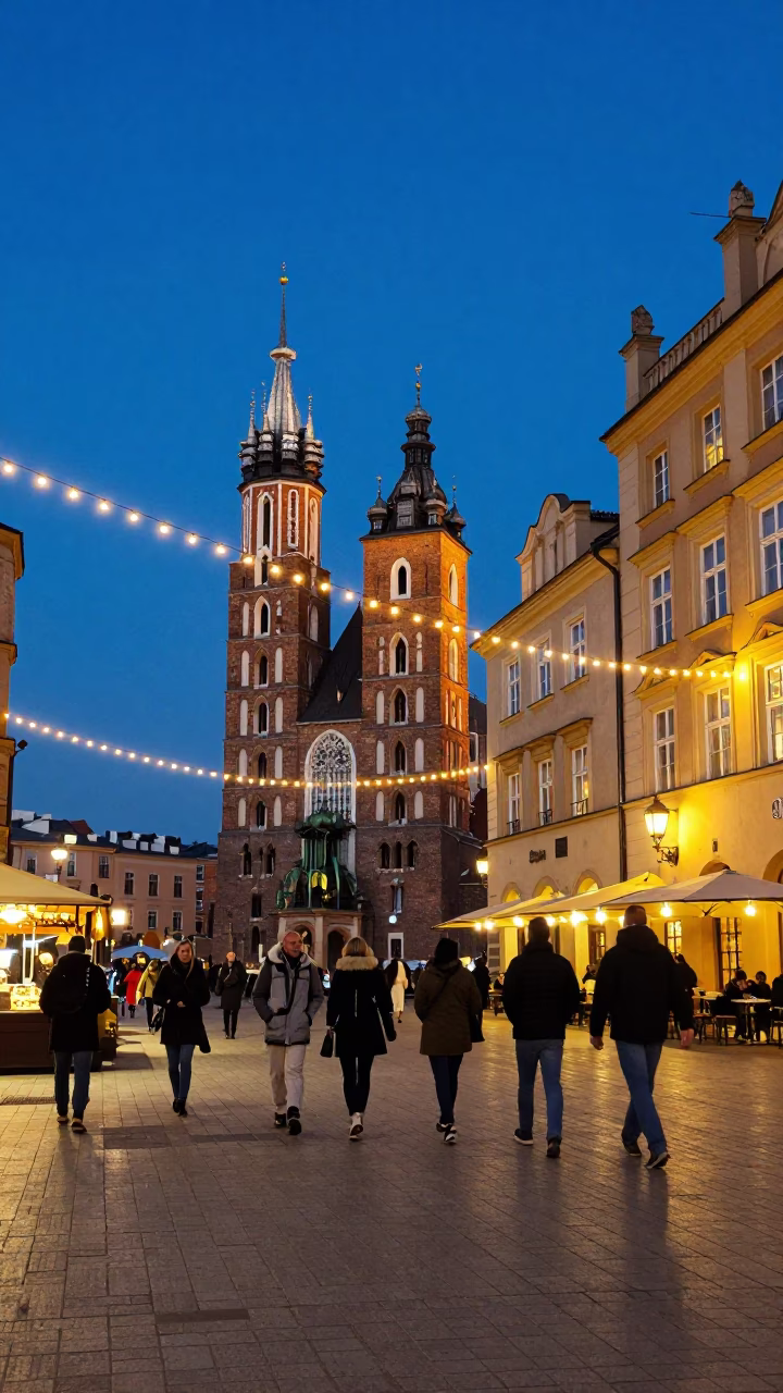 Krakow Poland indigo twilight street scene with string lights and historic architecture in in Krakow, Poland