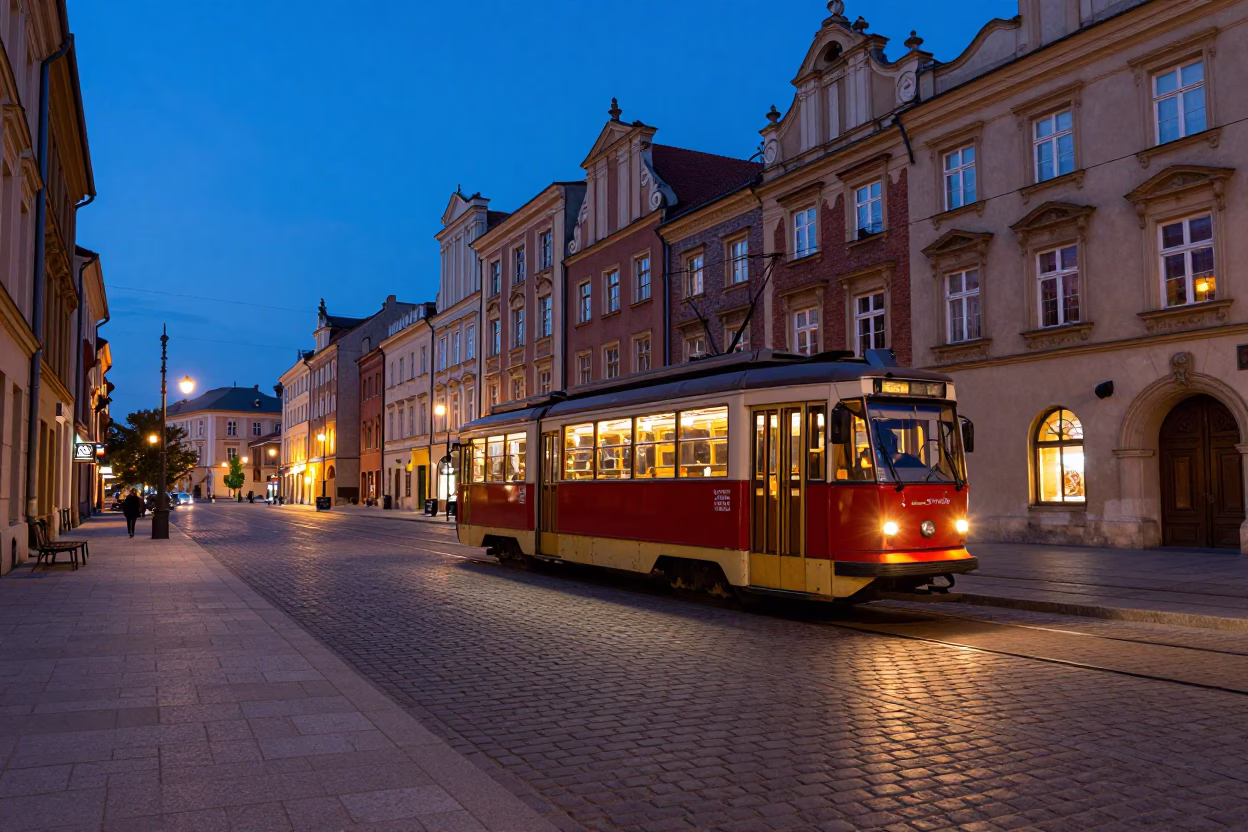 Krakow Poland indigo twilight street scene with vintage tramcar and urban architecture in in Krakow, Poland