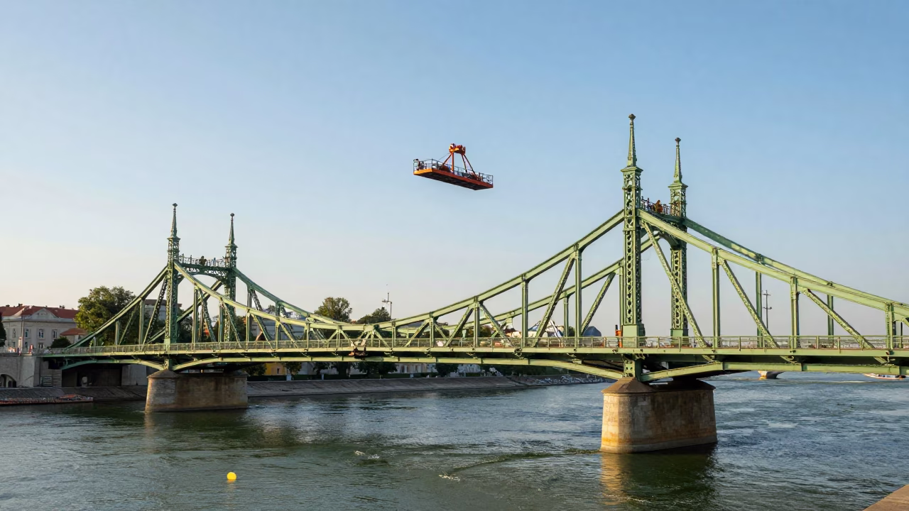 Krakow Poland Late Afternoon Light Bridge Maintenance Cradle Above Green River Vistula in in Krakow, Poland