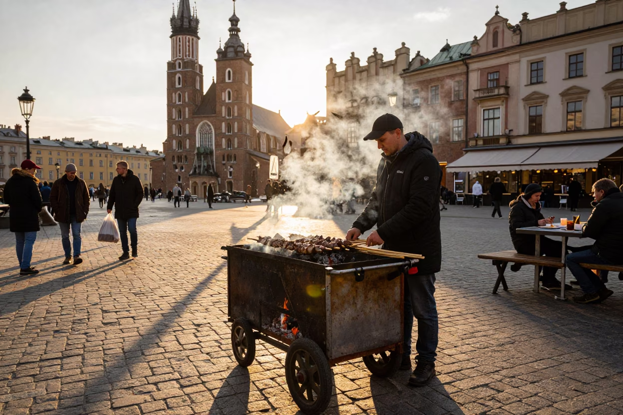 Krakow Poland Late Afternoon Street Scene with Kebab Grilling and Urban Life in in Krakow, Poland