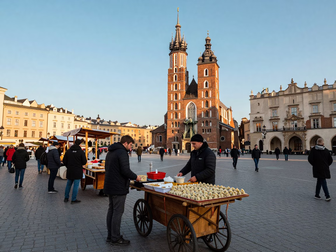 Krakow Poland late afternoon street scene with market stalls and vintage architecture in in Krakow, Poland