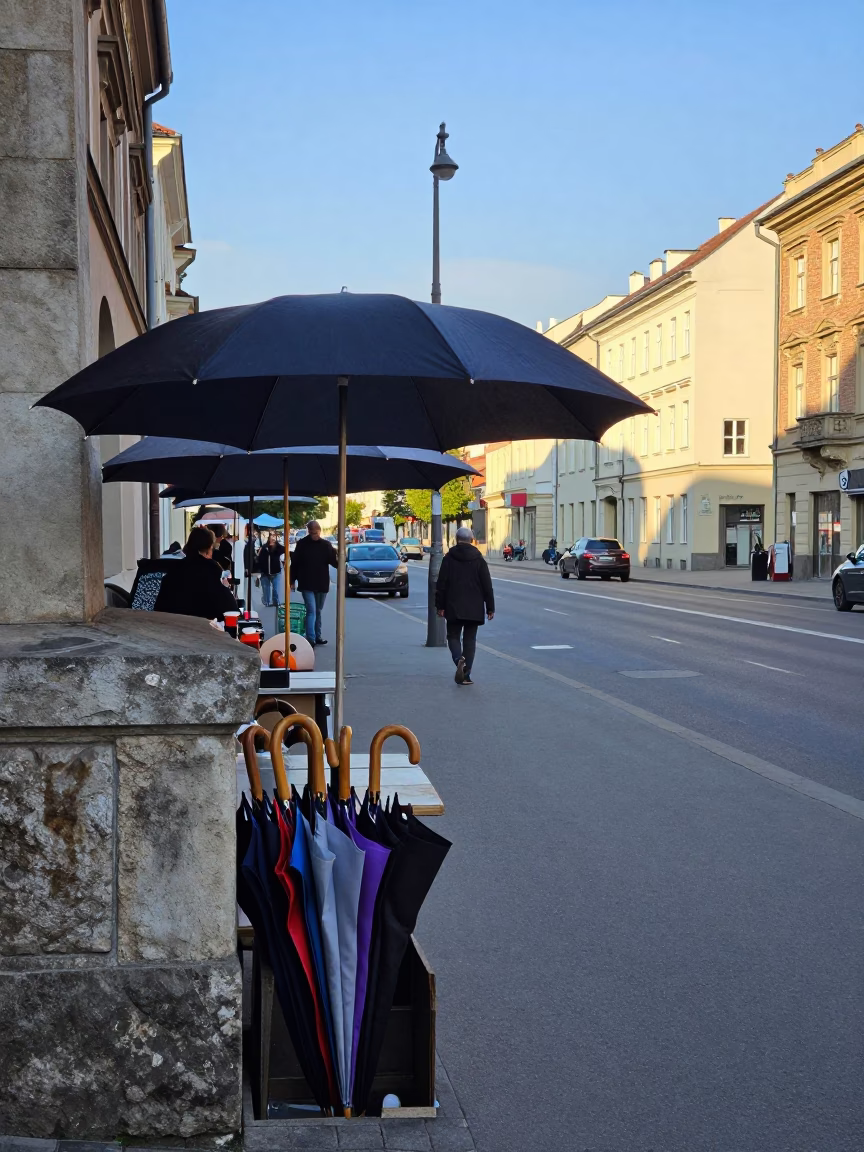 Krakow Poland Late Afternoon Street Scene with Umbrellas and Highway Flyover Stack in in Krakow, Poland