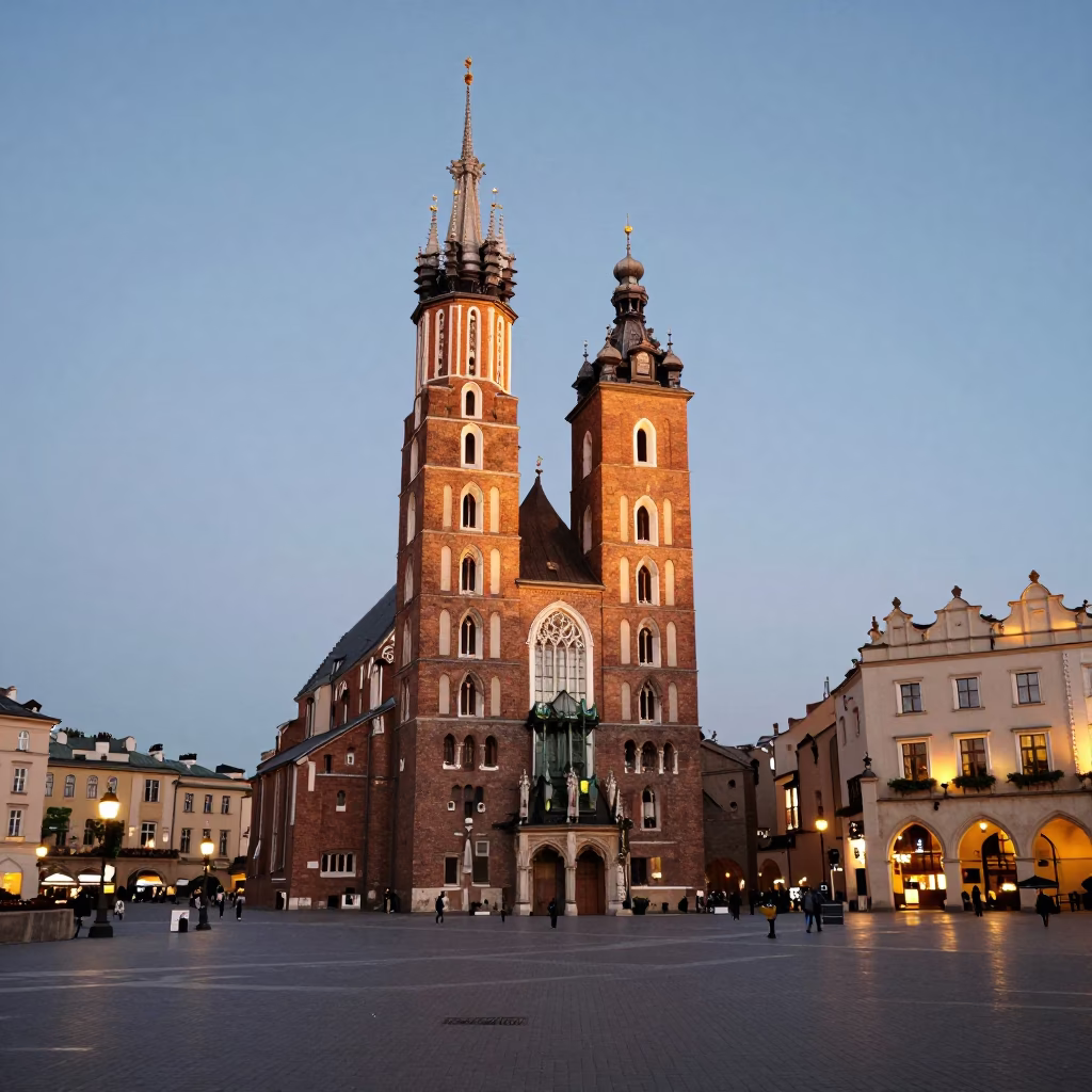 Krakow Poland Main Square at Dusk with Historic Gothic Facades and Evening Street Activity in in Krakow, Poland