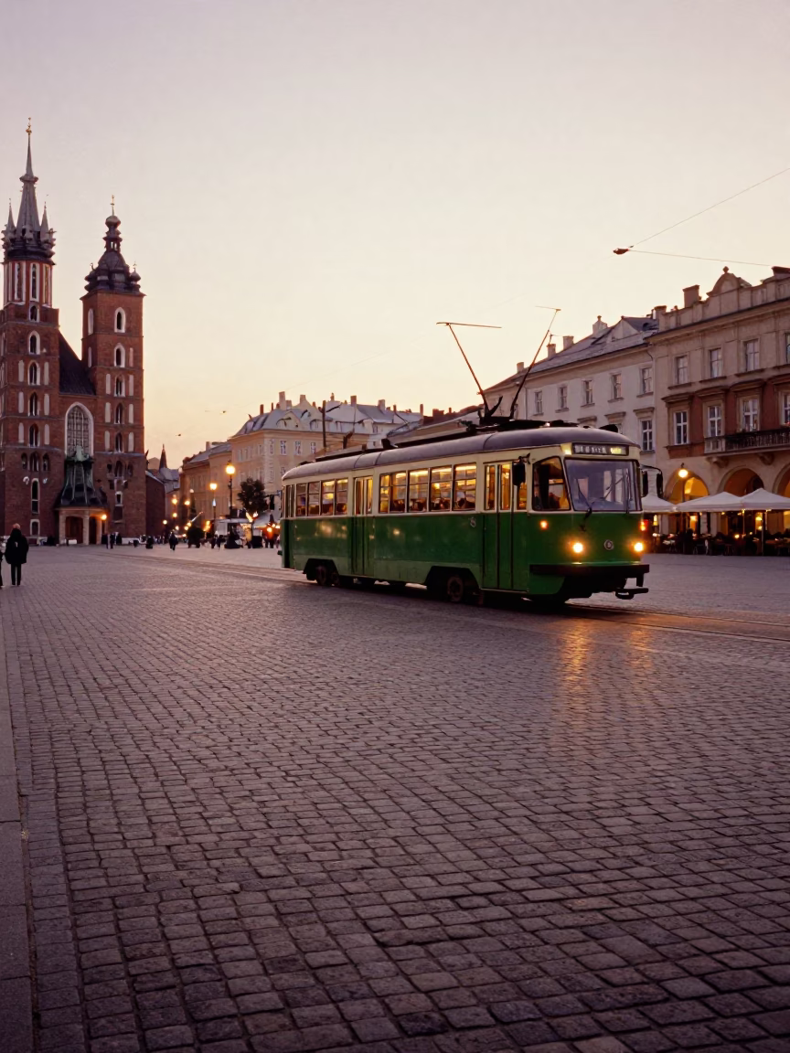 Krakow Poland Main Square cobblestones and 1950s era tram in copper dusk light in in Krakow, Poland