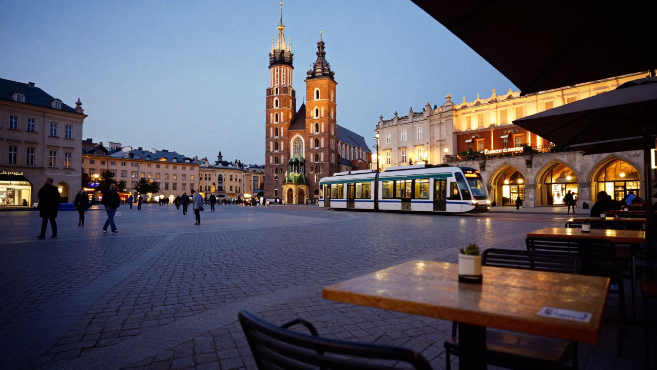 Krakow Poland Main Square cobblestones evening tram and café table with coaster in in Krakow, Poland