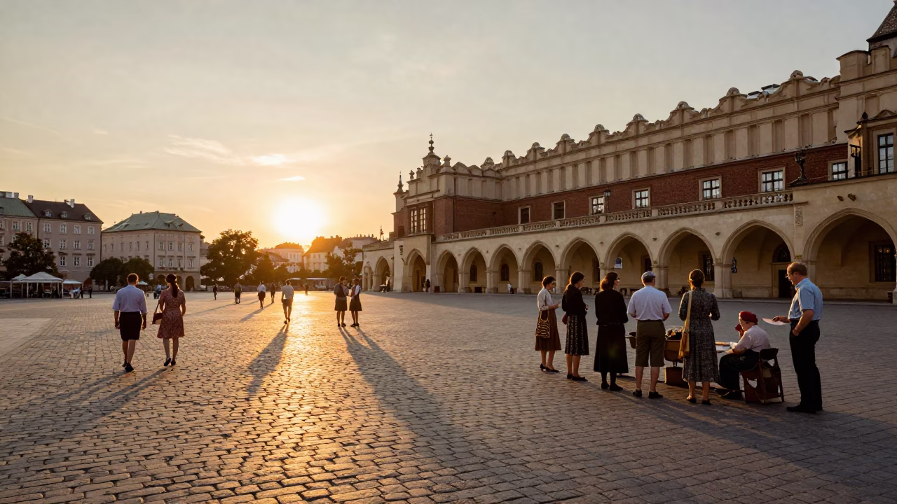Krakow Poland Main Square Cobblestones Sunset Vintage 1960s Street Photography in in Krakow, Poland