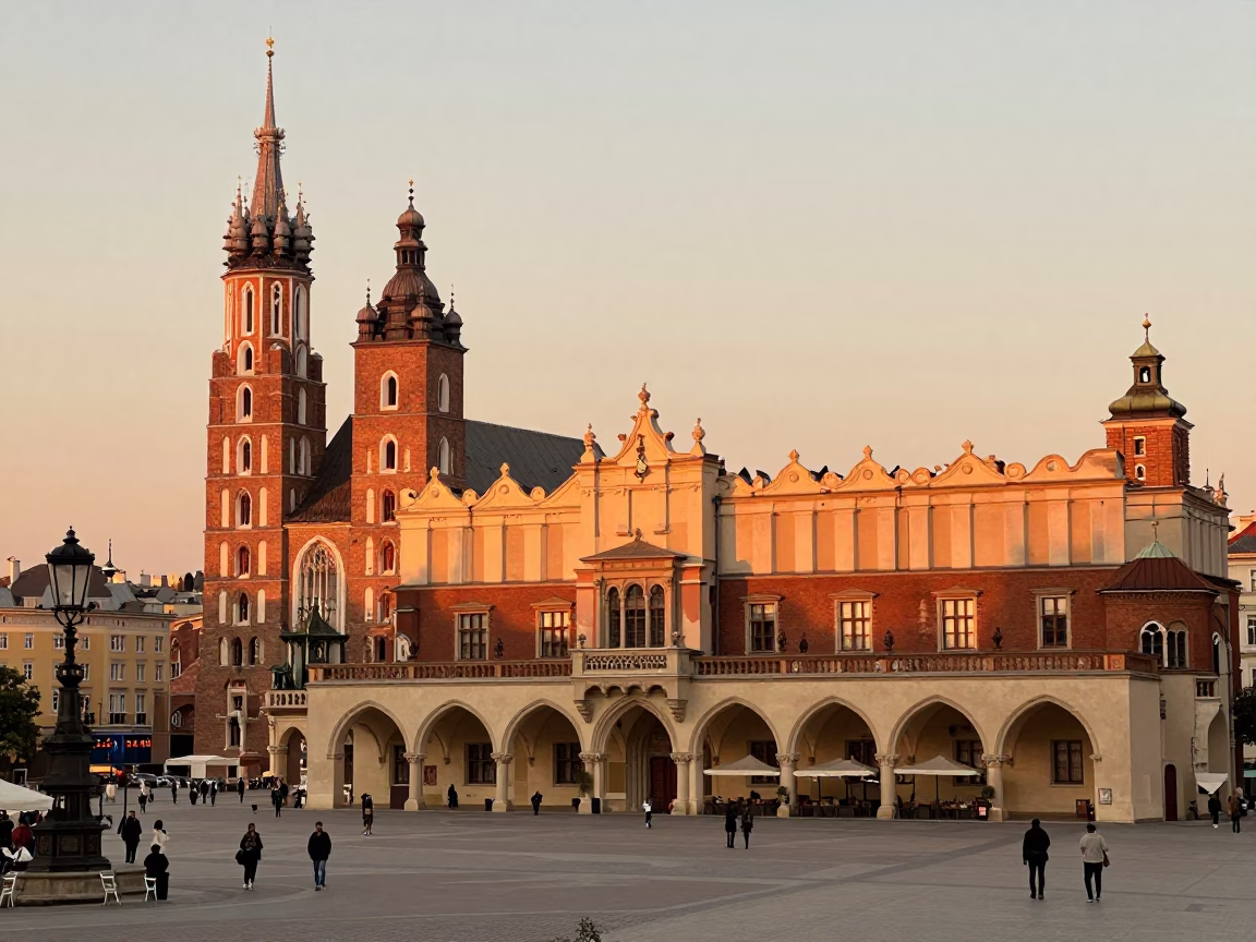 Krakow Poland Main Square Evening Landscape with Wawel Castle and Gothic Architecture in in Krakow, Poland