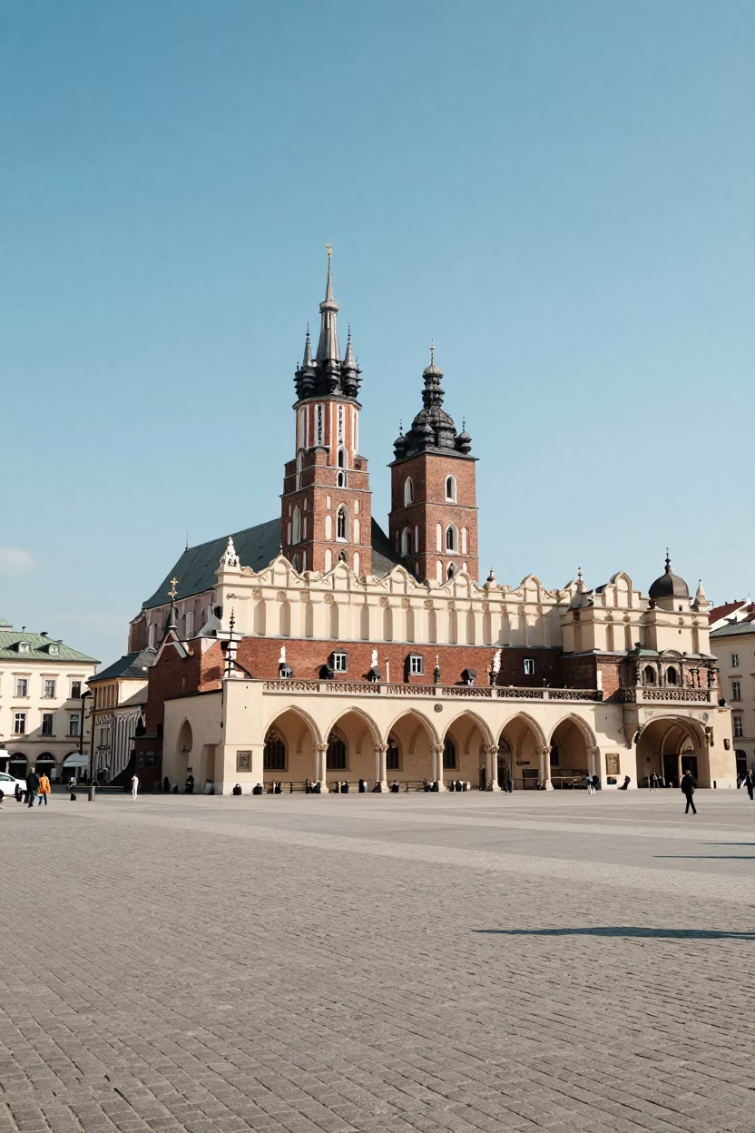 Krakow Poland Main Square Landscape View of Gothic Architecture Under Bright Midmorning Sunlight in in Krakow, Poland