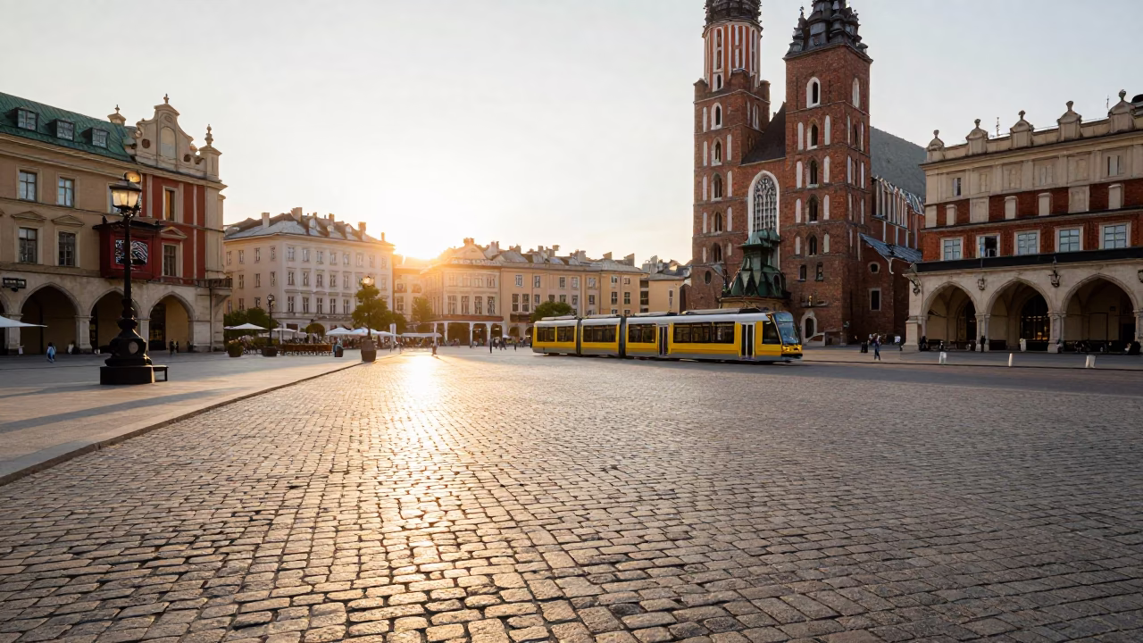 Krakow Poland Market Square Morning Light on Cobblestones and Old Buildings in in Krakow, Poland