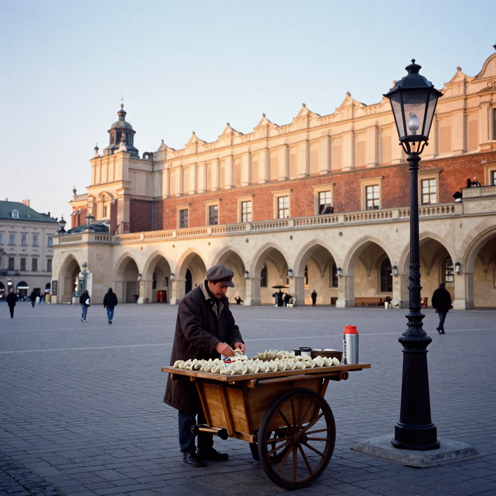 Krakow Poland Market Square Morning with Thermos and Lantern at Sunrise in in Krakow, Poland