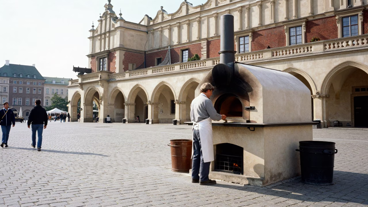 Krakow Poland Market Square Traditional Bakery Oven Midmorning Street Life Scene in in Krakow, Poland