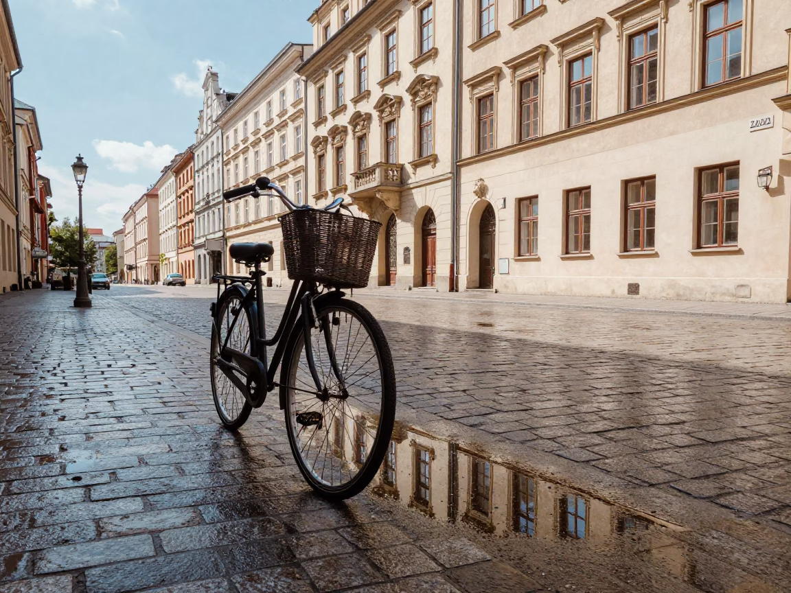 Krakow Poland Midday Street Scene with Bicycle Basket and Puddle Reflections in in Krakow, Poland