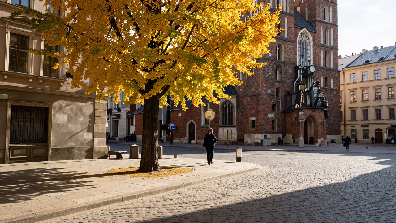 Krakow Poland Midday Street Scene with Ginkgo Tree and Local Market Activity in in Krakow, Poland