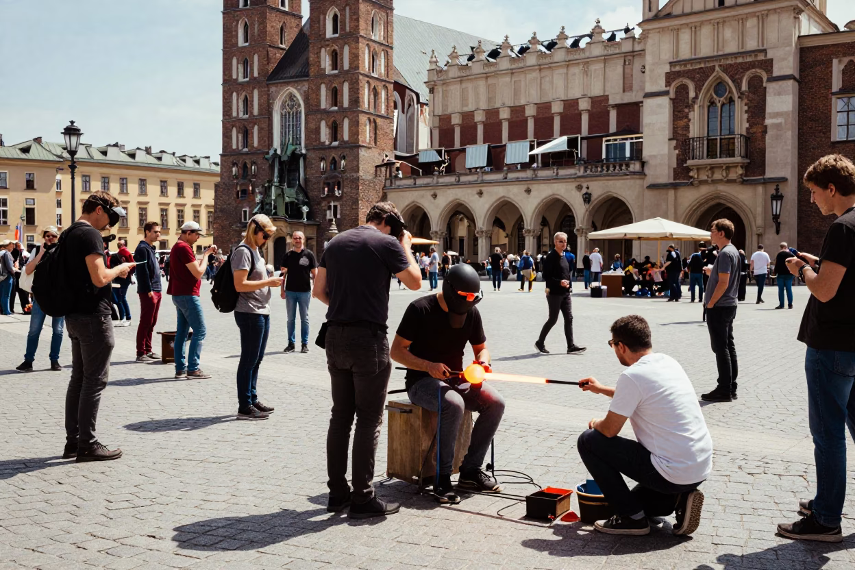 Krakow Poland Midday Street Scene with Glass Blowing Demonstration and Autumn Vines in in Krakow, Poland