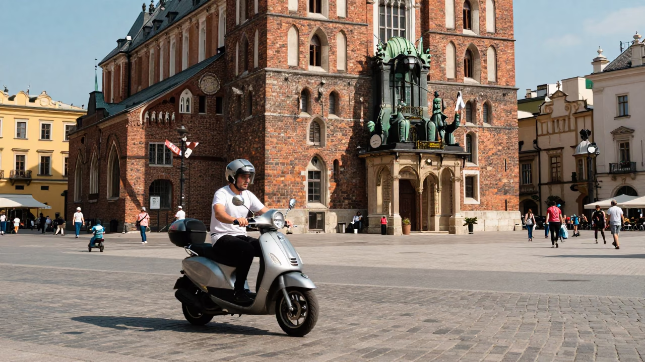 Krakow Poland Midday Street Scene with Scooter Navigating Historic Old Town Square in in Krakow, Poland