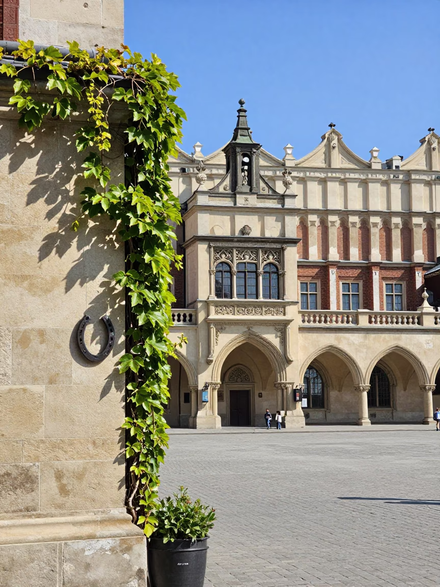 Krakow Poland Midday Street Scene with Vine and Horseshoe Magnet in in Krakow, Poland