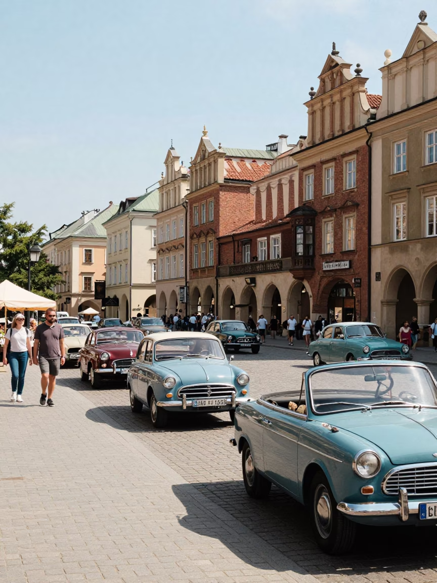 Krakow Poland Midday Street Scene with Vintage Cars and Traditional Architecture in in Krakow, Poland