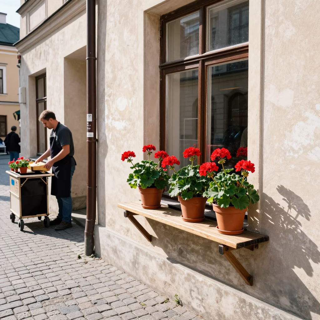 Krakow Poland Midmorning Street Scene with Potted Geraniums and Local Market Activity in in Krakow, Poland