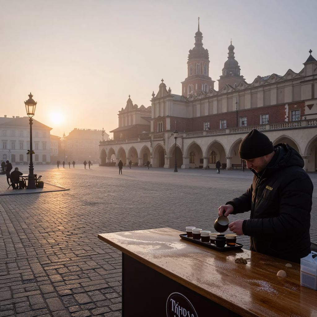 Krakow Poland Nautical Dawn Street Scene with Condensation on Countertop and Urban Morning Activity in in Krakow, Poland