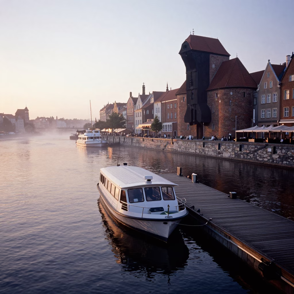 Krakow Poland Nautical Dawn Street Scene with Floating Dock and String Lights in in Krakow, Poland