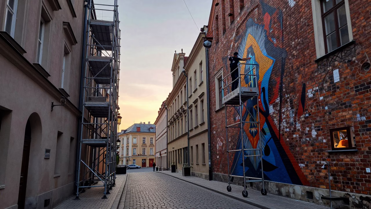 Krakow Poland Nautical Dawn Street Scene with Muralist and Scaffolding in in Krakow, Poland