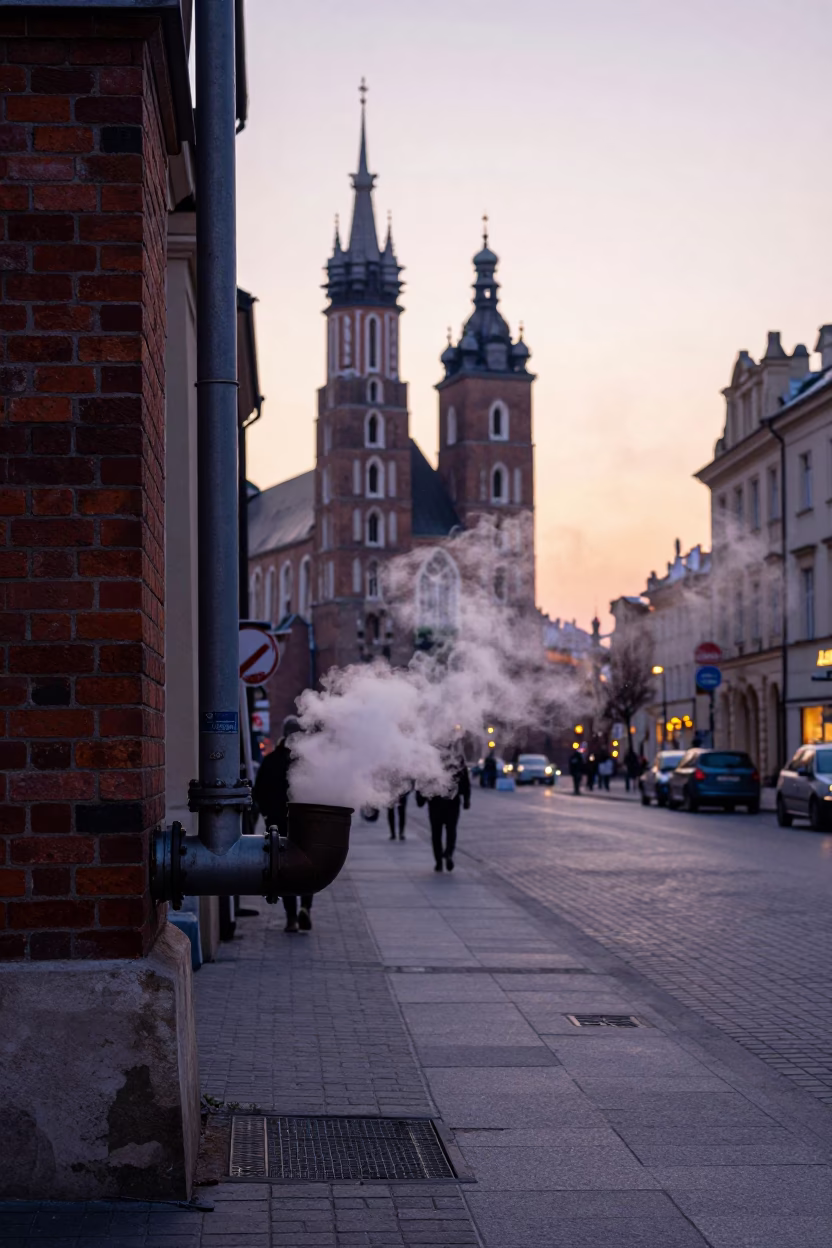Krakow Poland Nautical Dawn Street Scene with Steaming District Heating Pipe and Frost in in Krakow, Poland