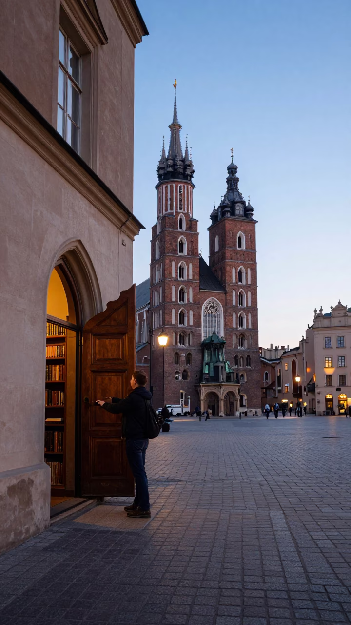 Krakow Poland Nautical Dawn Street Scene with Teacher Unlocking School Library in in Krakow, Poland