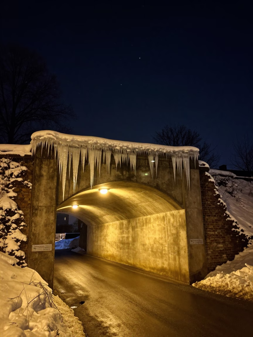 Krakow Poland Night Scene Under Deep Sky With Tunnel Portal Icicles And Sodium Lamps in in Krakow, Poland