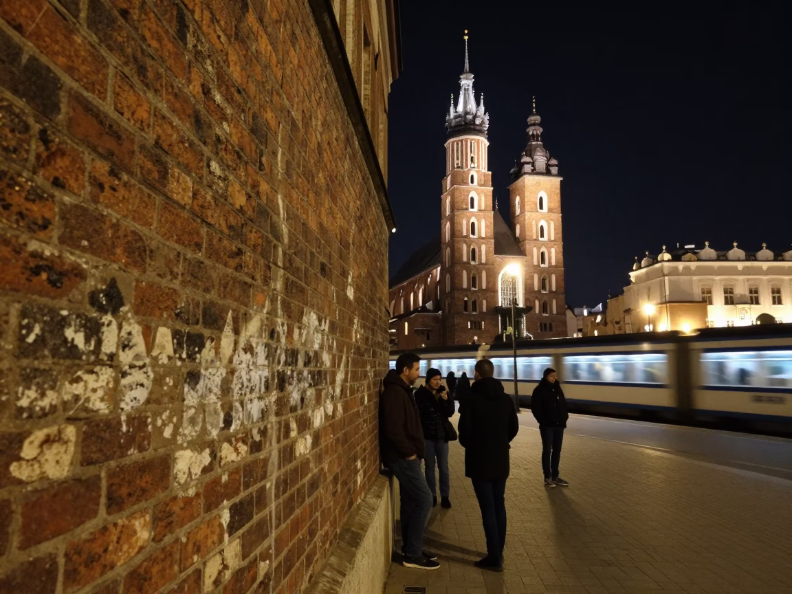 Krakow Poland Night Scene with Smudged Wall and Train Lights in in Krakow, Poland