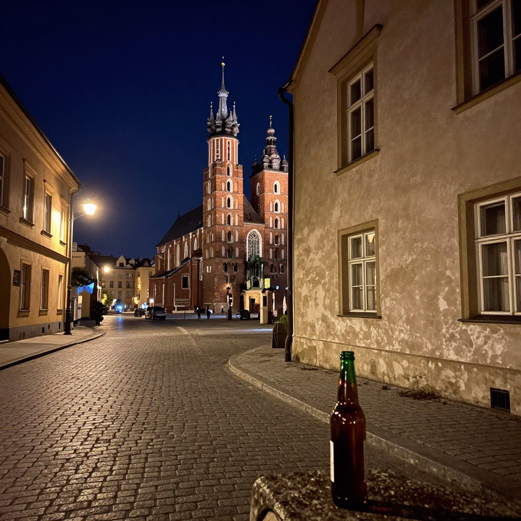 Krakow Poland Night Street Scene with Colored Glass Bottle and Urban Details in in Krakow, Poland