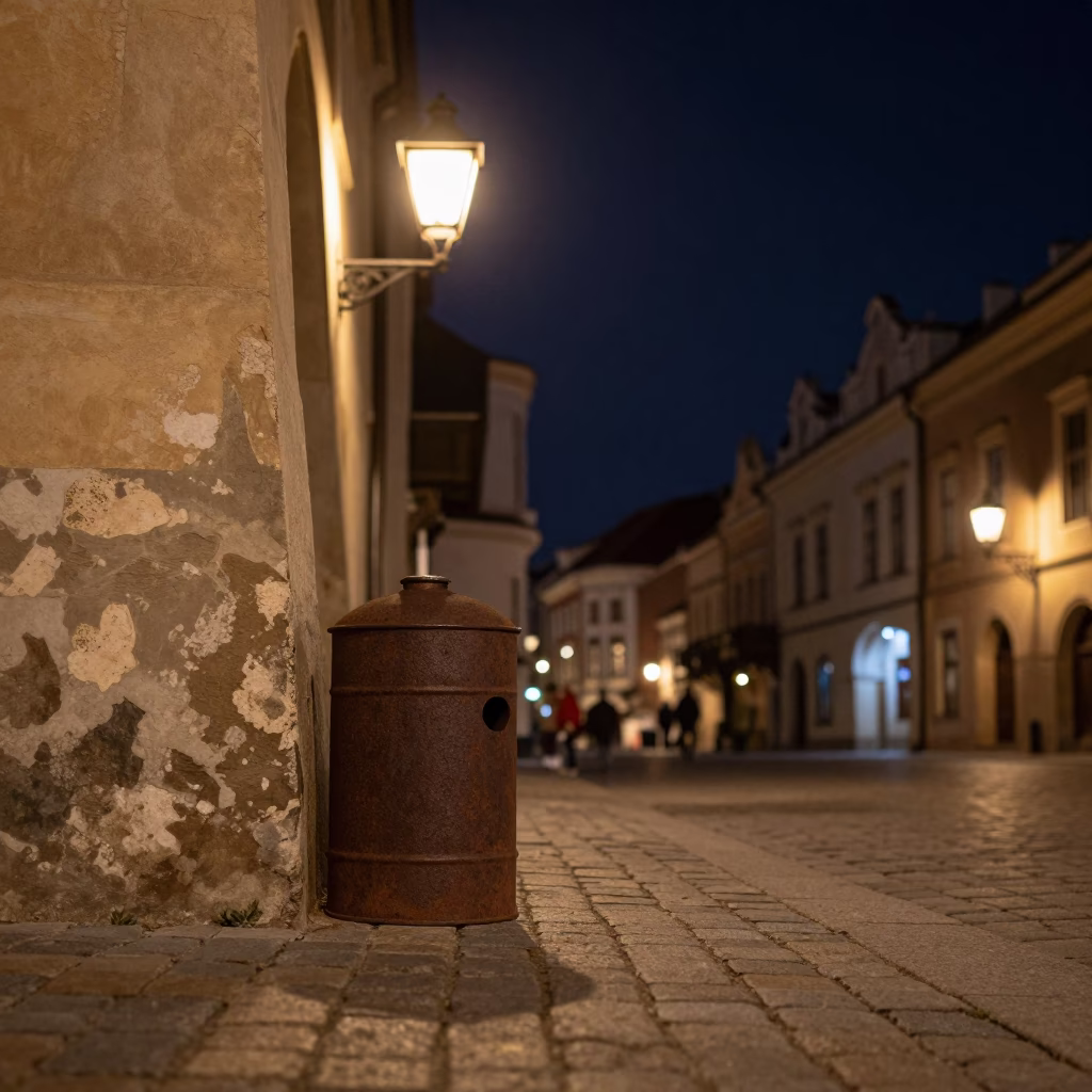 Krakow Poland Night Street Scene with Rusty Tiffin Tin on Cobblestones in in Krakow, Poland