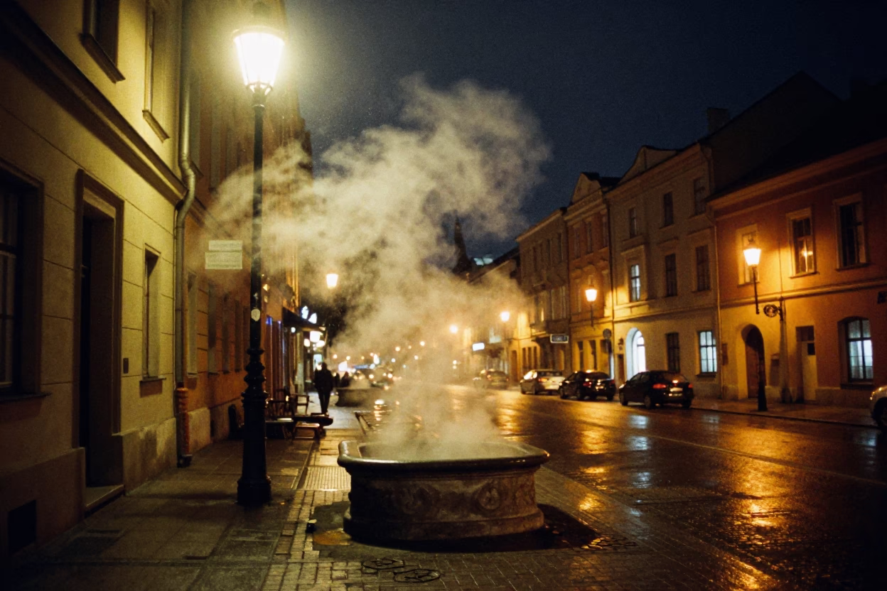 Krakow Poland Night Street Scene with Steam Haze and Condensation on Doorframe in in Krakow, Poland