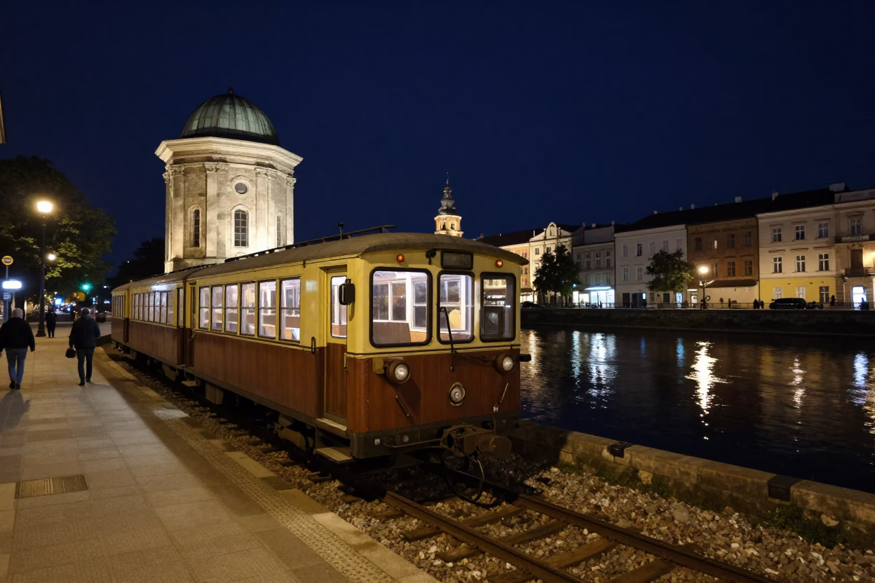 Krakow Poland Night Street Scene with Stone Observatory and Canal Barge Under Deep Sky in in Krakow, Poland
