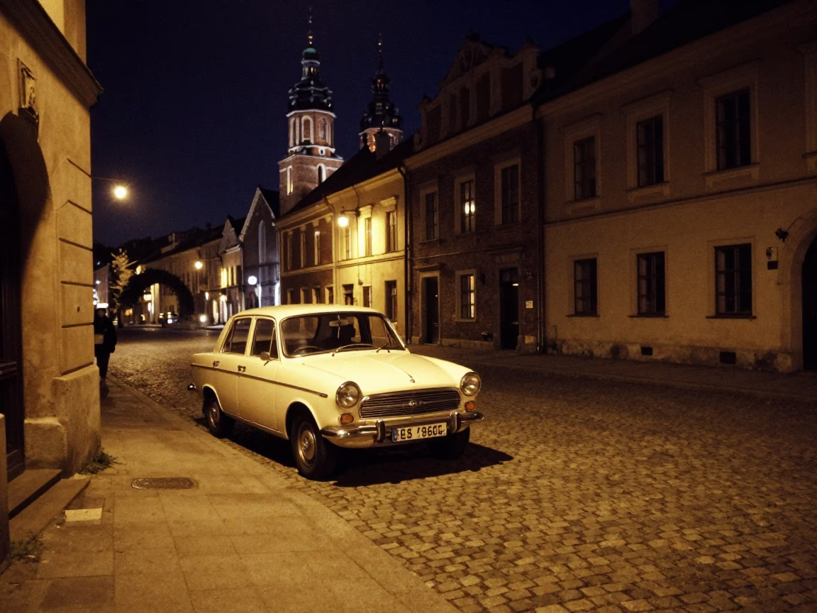 Krakow Poland Night Street Scene with Vintage Car and Cobblestone Under Deep Sky in in Krakow, Poland