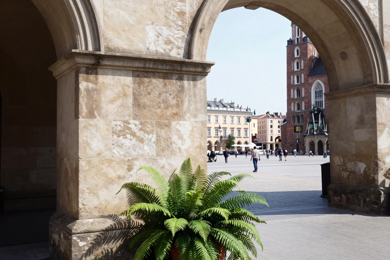 Krakow Poland Noon Light Old Town Square Stone Archway and Ferns Dripping Water in in Krakow, Poland