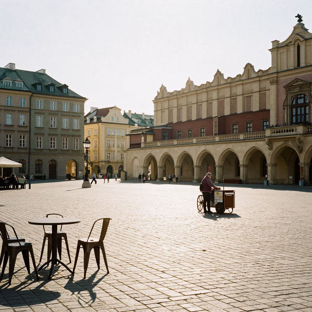 Krakow Poland Noon Light Street Scene with Metal Stools and Local Interaction in in Krakow, Poland