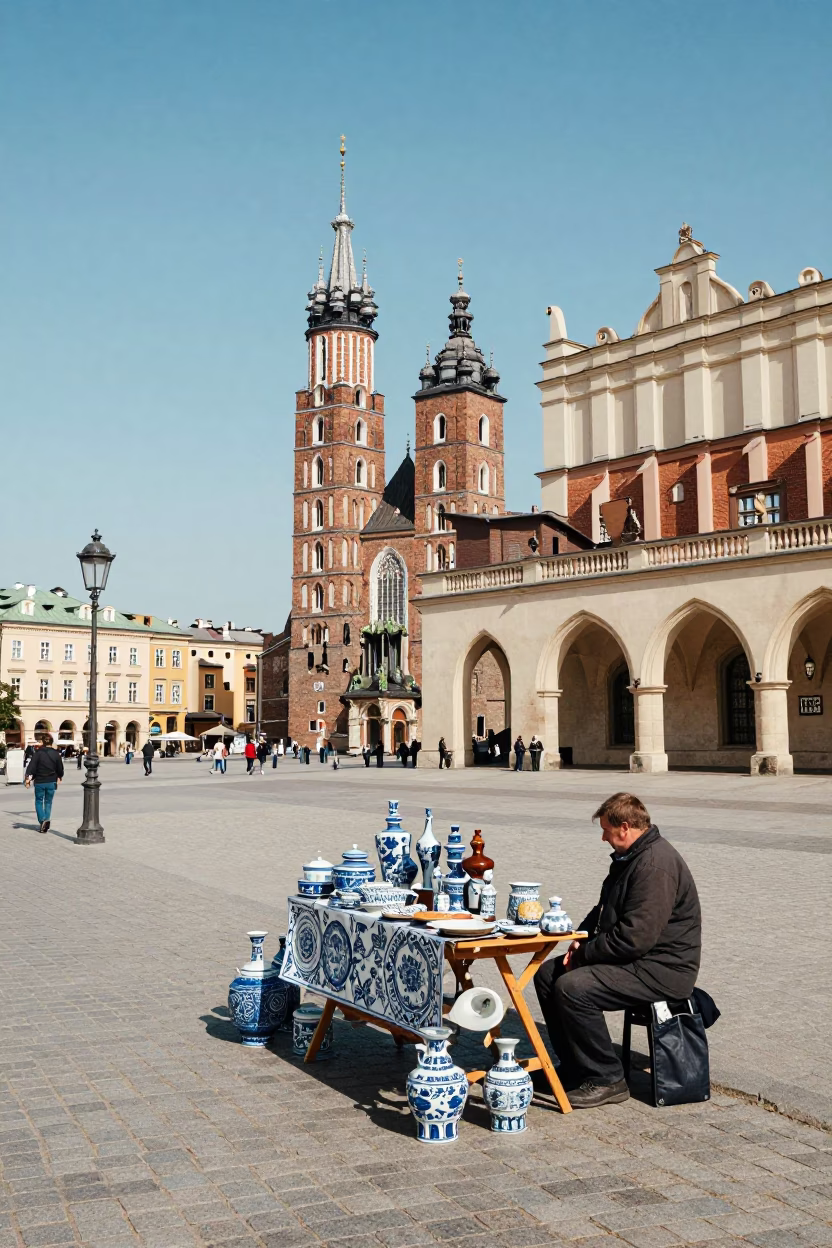 Krakow Poland Noon Street Scene with Blue and White Porcelain Bowl in in Krakow, Poland