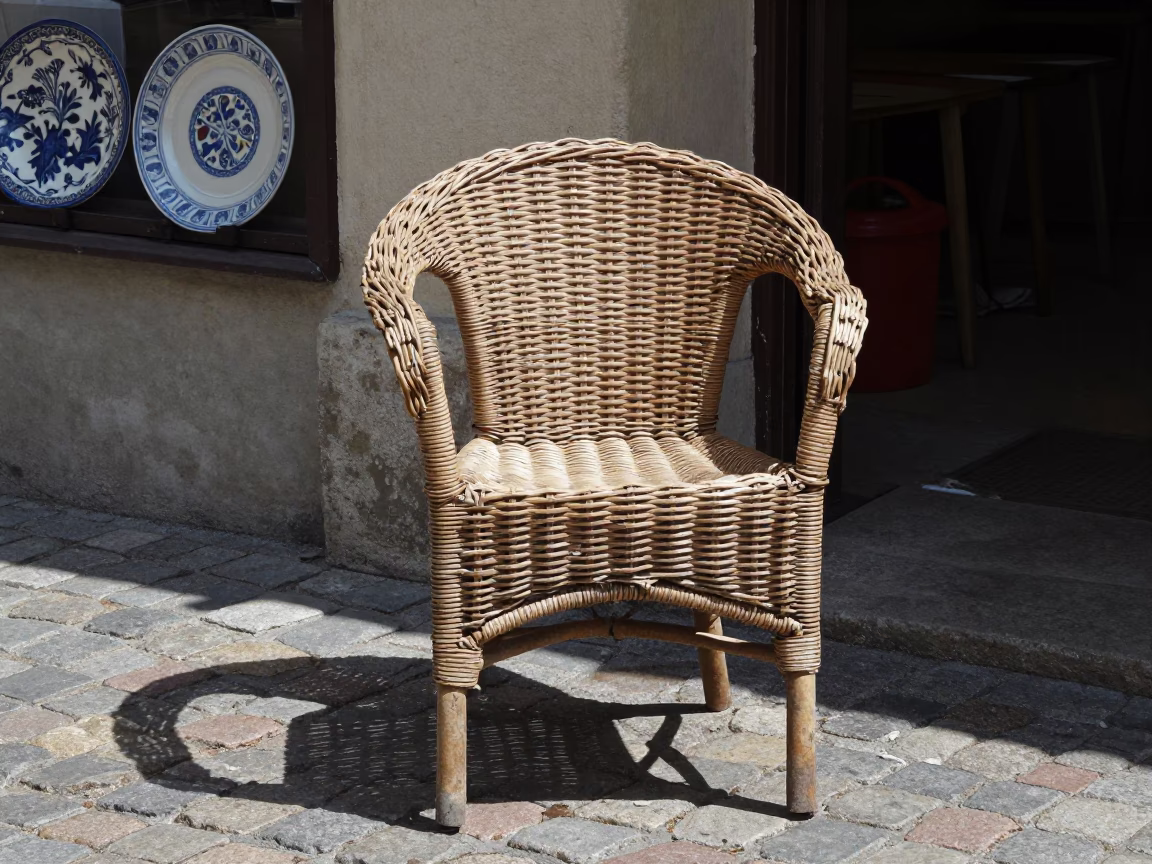 Krakow Poland Noon Street Scene with Ceramic Plate and Wicker Chair Shadow in in Krakow, Poland