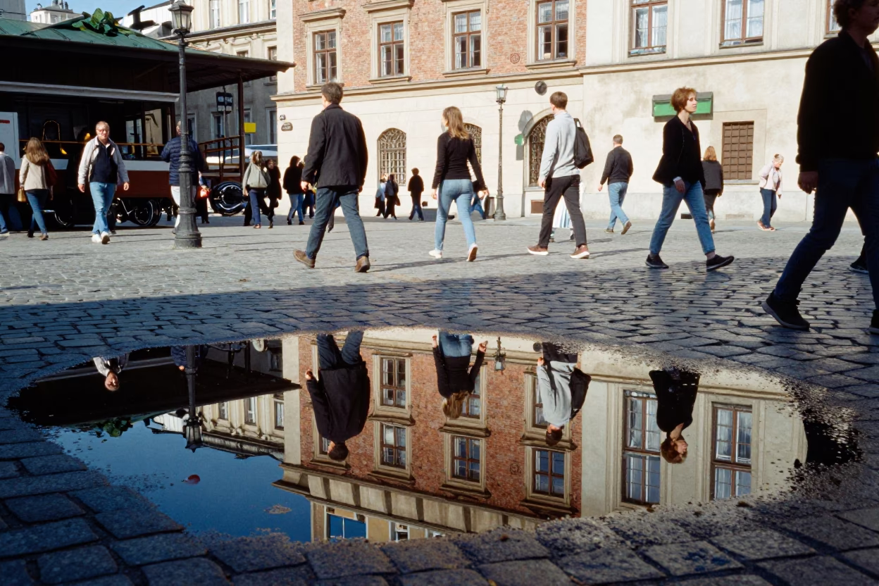 Krakow Poland Noon Street Scene with Chain Ferry Puddle Reflections in in Krakow, Poland