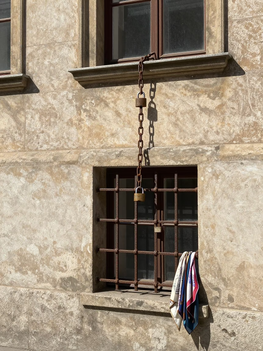 Krakow Poland Noon Street Scene with Padlock and Scarf on Historic Building Facade in in Krakow, Poland