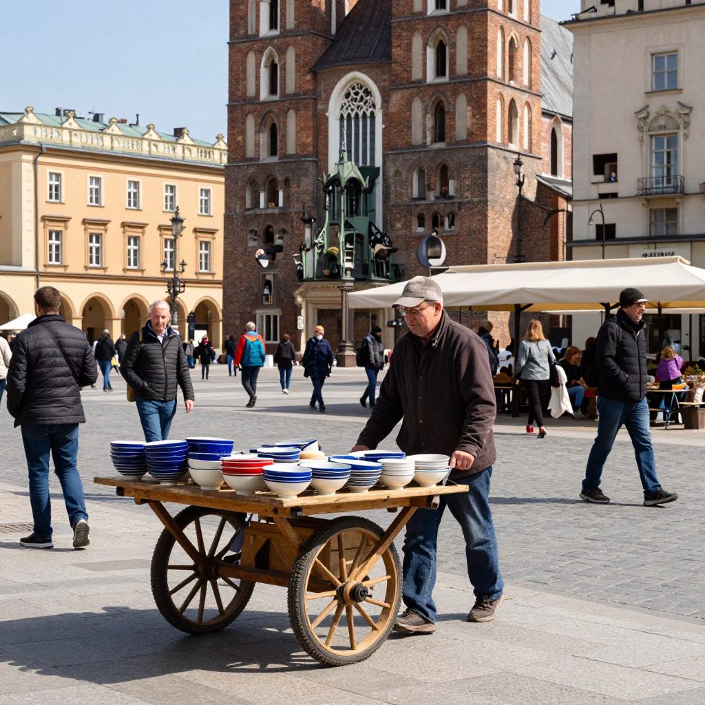 Krakow Poland Noon Street Scene with Rolling Carts and Ceramic Bowls in in Krakow, Poland