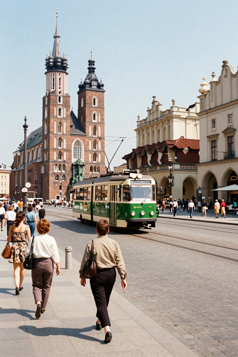 Krakow Poland noon street scene with tram and pedestrians in 1950s style in in Krakow, Poland