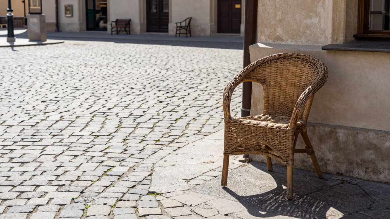 Krakow Poland Noon Street Scene with Wicker Chair Shadow on Cobblestone Plaza in in Krakow, Poland